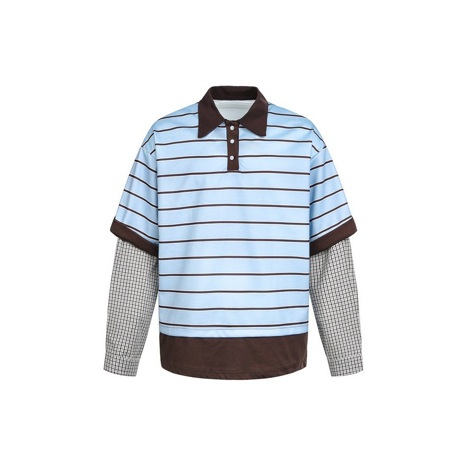 Men's Layered Look Polo with Stripes, Contrast Collar and Checked Insert Sleeves Mune Fashion