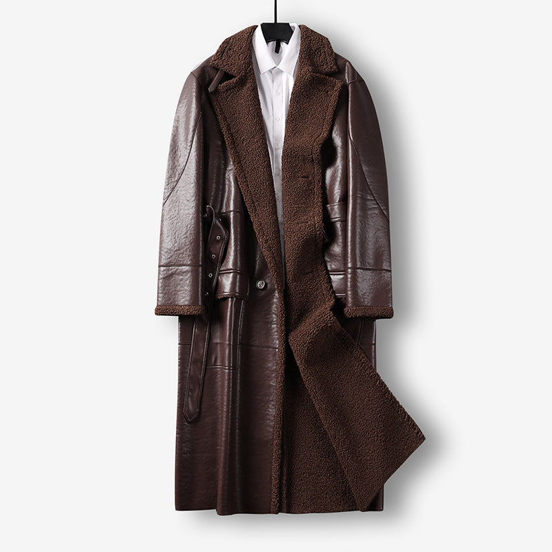 Men's Maxi-length Faux Leather Coat with Teddy Lining, Double-breasted Button Placket and Waist Belt Mune Fashion