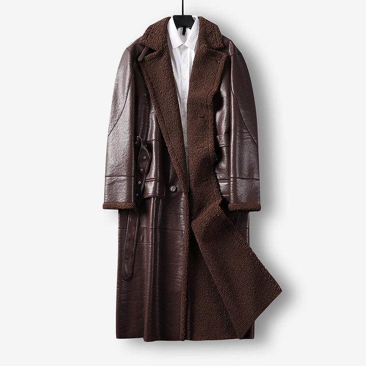 Men's Maxi-length Faux Leather Coat with Teddy Lining, Double-breasted Button Placket and Waist Belt Mune Fashion