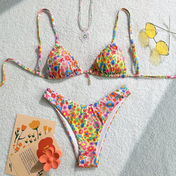 Women's triangle bikini with colorful floral design and fine ruffle details Mune Fashion