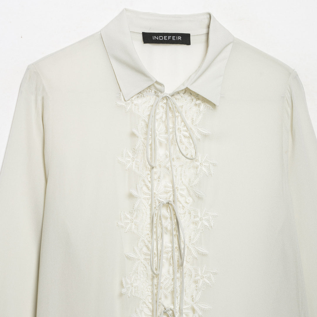 Women Romantic Chiffon Blouse with Lace Application, Ruffle Hem and Ties Mune Fashion