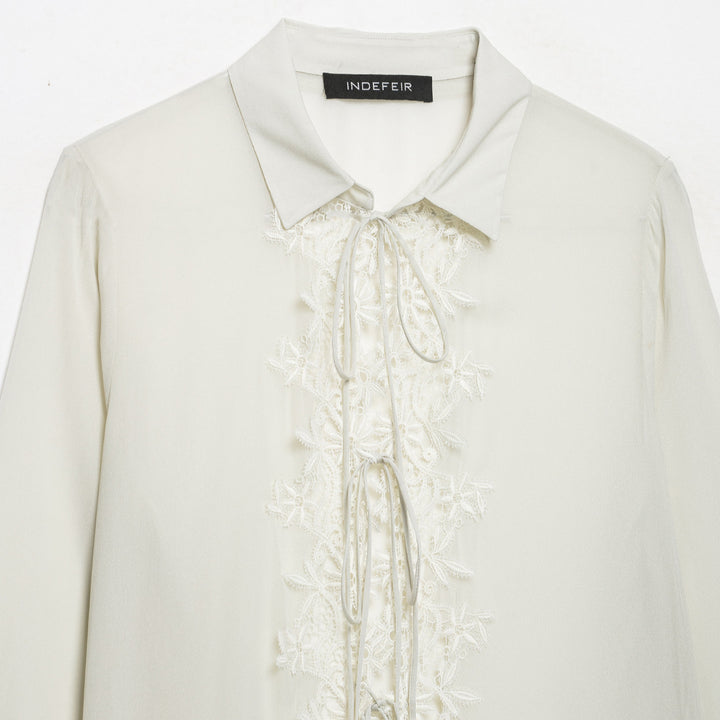 Women Romantic Chiffon Blouse with Lace Application, Ruffle Hem and Ties Mune Fashion