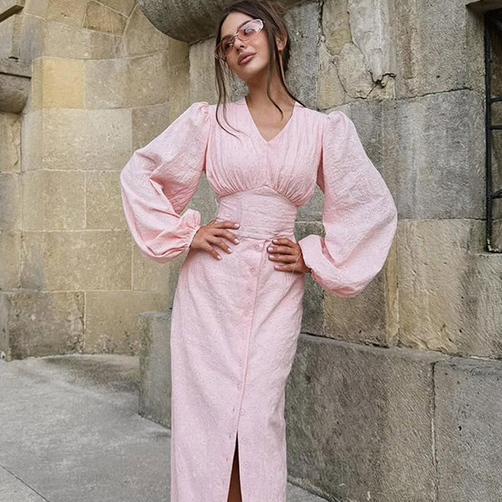 Ladies maxi dress with puff sleeves, fitted bodice and front button placket Mune Fashion
