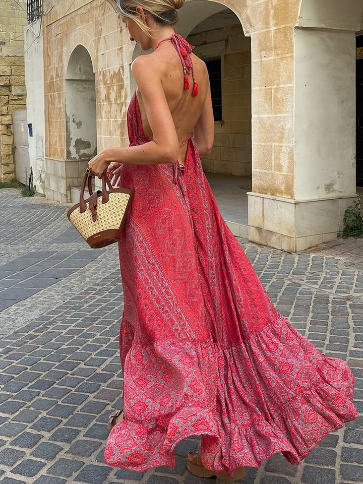 Women’s Boho Maxi Dress with Neck Band, Backless Cut and Ruffle Trim