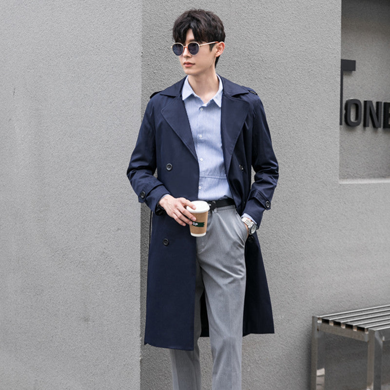 Men Water-repellent Trench Coat with Double Row, Classic Lapels and Waist Belt Mune Fashion