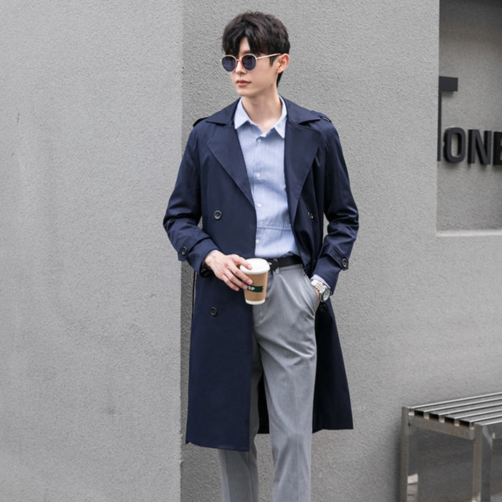 Men Water-repellent Trench Coat with Double Row, Classic Lapels and Waist Belt Mune Fashion