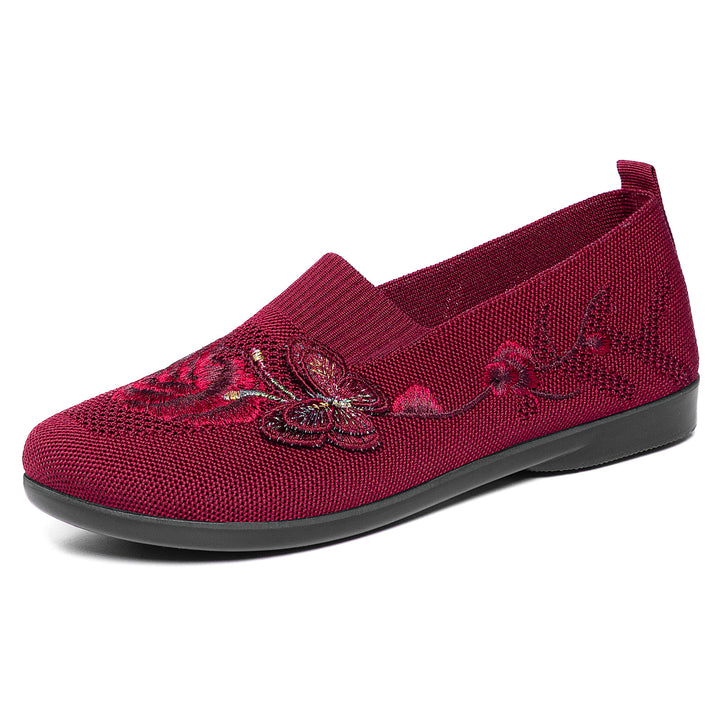 Women's embroidered knitted slipper with sock-like entry, floral embroidery design, and cushioned lightweight sole Mune Fashion