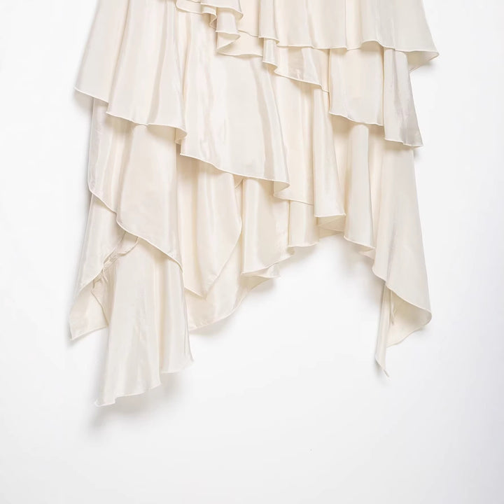 Women's Asymmetrical Tiered Skirt with Ruffles and Flowing Satin Fall Mune Fashion