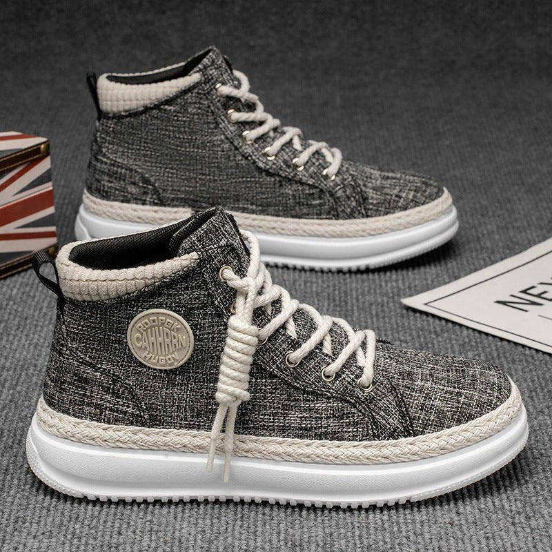 Women's high casual sneakers with mottled textile upper material, braided jute decorative edge, and cushioned platform sole Mune Fashion