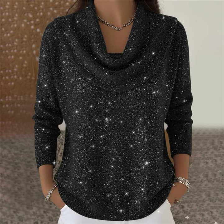 Women's shimmering knit sweater with waterfall collar, fine glitter structure and slim hem Mune Fashion