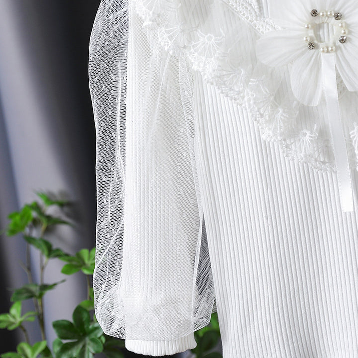 Girls Long Sleeve Shirt with Elegant Tulle Trim and Floral Decoration Mune Fashion