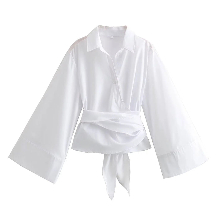 Women 200+ elegant wrap blouse with wide kimono sleeves and waist tie Mune Fashion