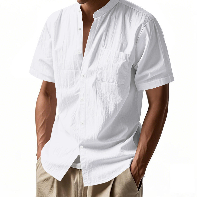 Men's nan legeres short-sleeve linen blend shirt with stand-up collar, chest pocket, and continuous button placket Mune Fashion