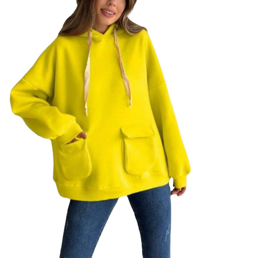 Women's Oversize Hooded Sweater with Patch Pockets and Extra-Long Cords Mune Fashion