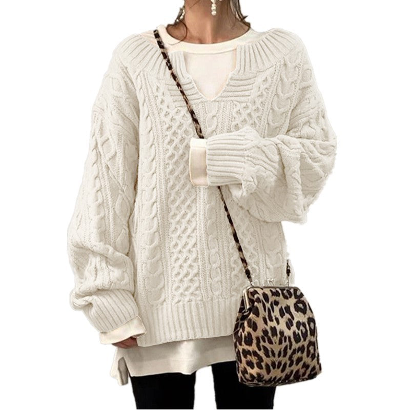 Women's oversized knitted sweater with cable pattern and V-neck Mune Fashion