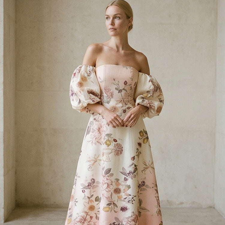 Women Elegant Off-Shoulder Evening Dress with Flared Skirt and Balloon Sleeves Mune Fashion