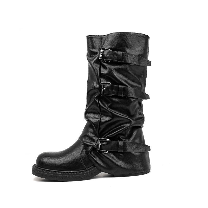 Damen Bikerstiefel mit mehrfachen Zierschnallen, gerafftem Schaft und robuster Profilsohle Mune Fashion