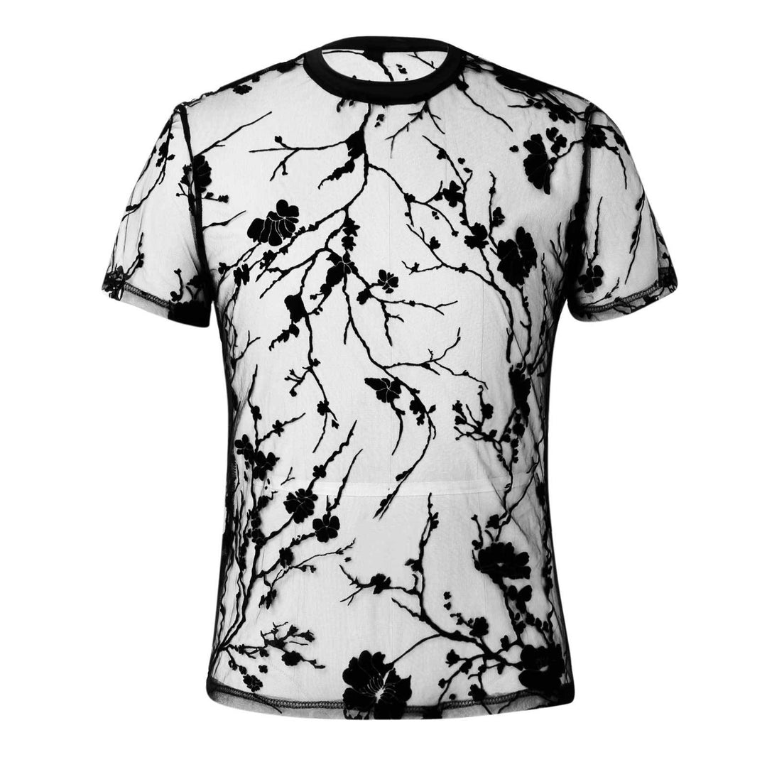 Women's nano transparent mesh top with floral velvet embroidery and round neckline Mune Fashion