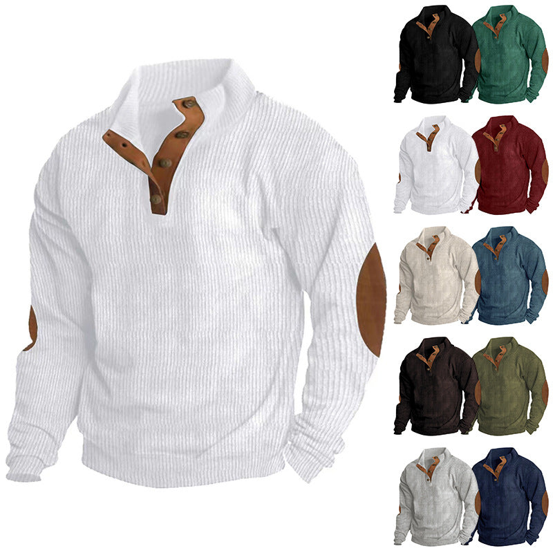 Men's ribbed knit sweater with stand-up collar and decorative elbow patches Mune Fashion