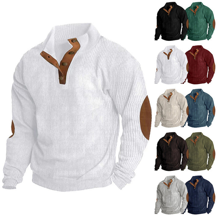 Men's ribbed knit sweater with stand-up collar and decorative elbow patches Mune Fashion