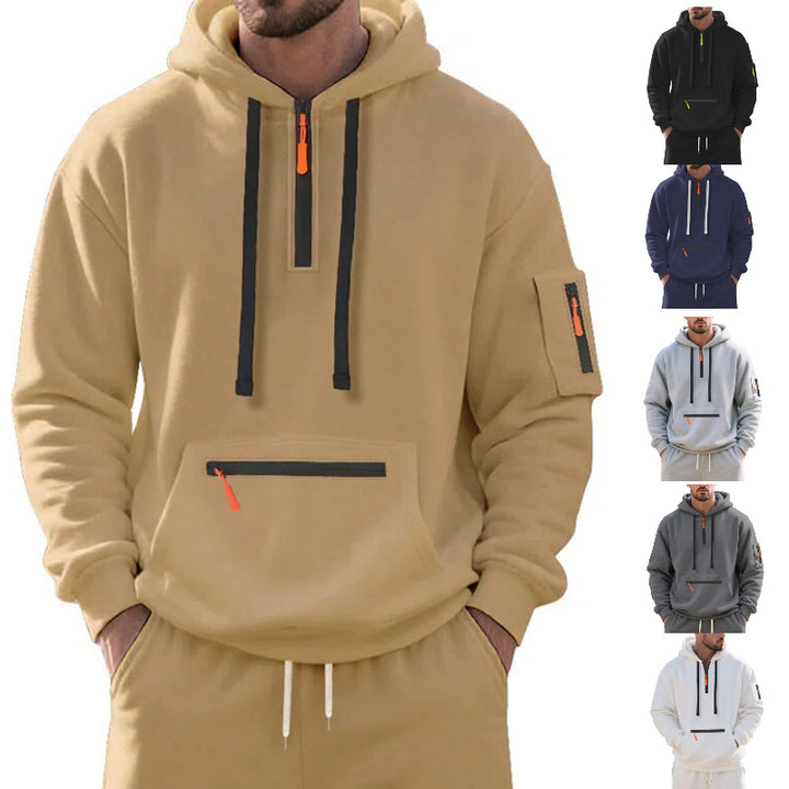 Men's Oversize Hoodie with Half Zipper, Kangaroo Pocket with Zipper and Sleeve Pocket Mune Fashion