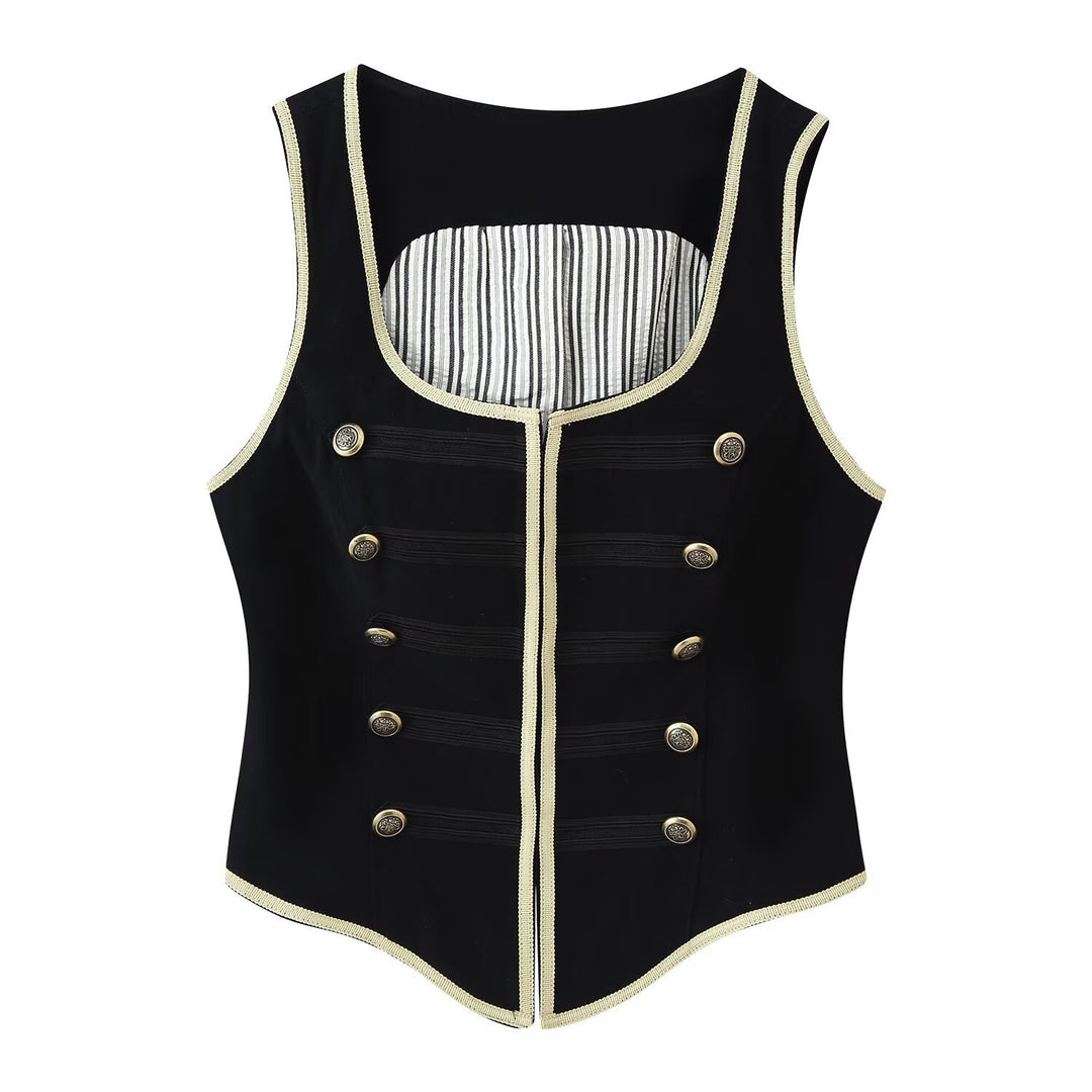 Women's Short Blazer with Stand Collar, Golden Cord Trim and Decorative Buttons Mune Fashion
