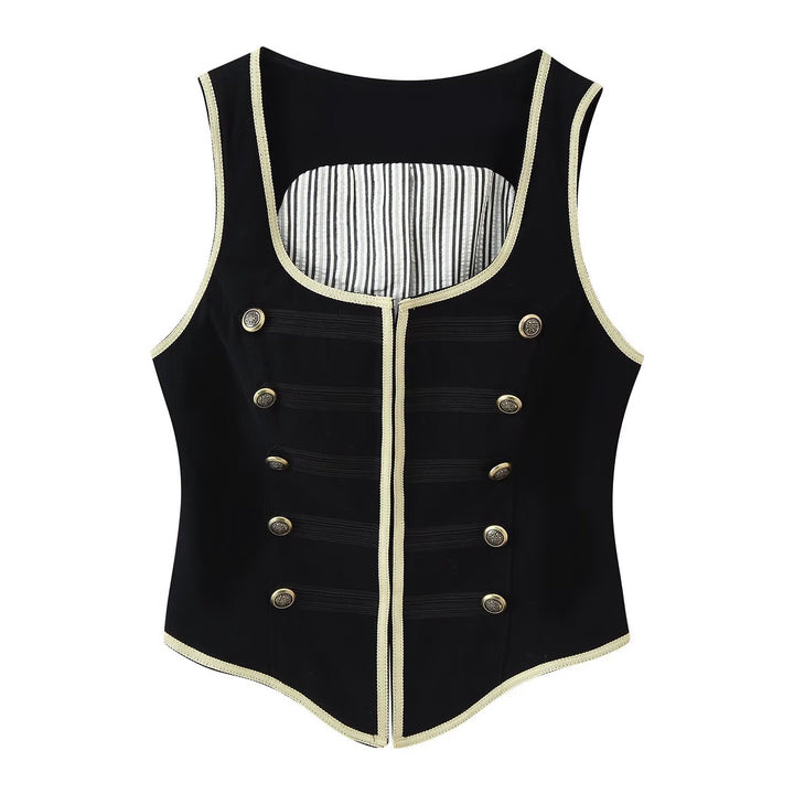 Women's Short Blazer with Stand Collar, Golden Cord Trim and Decorative Buttons Mune Fashion