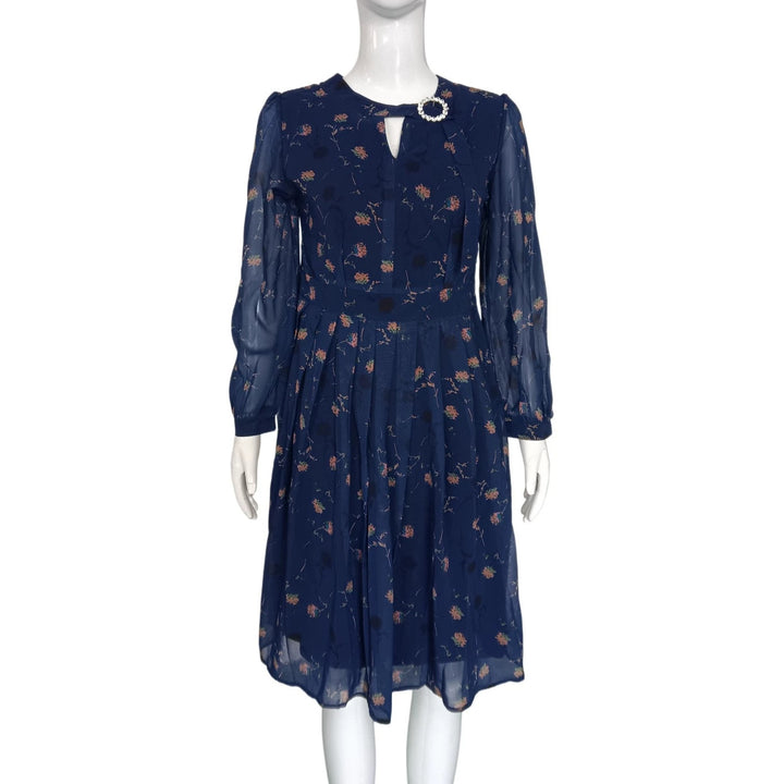 Women Chiffon Midi Dress with Pleated Skirt, Transparent Sleeves and Decorative Brooch Mune Fashion