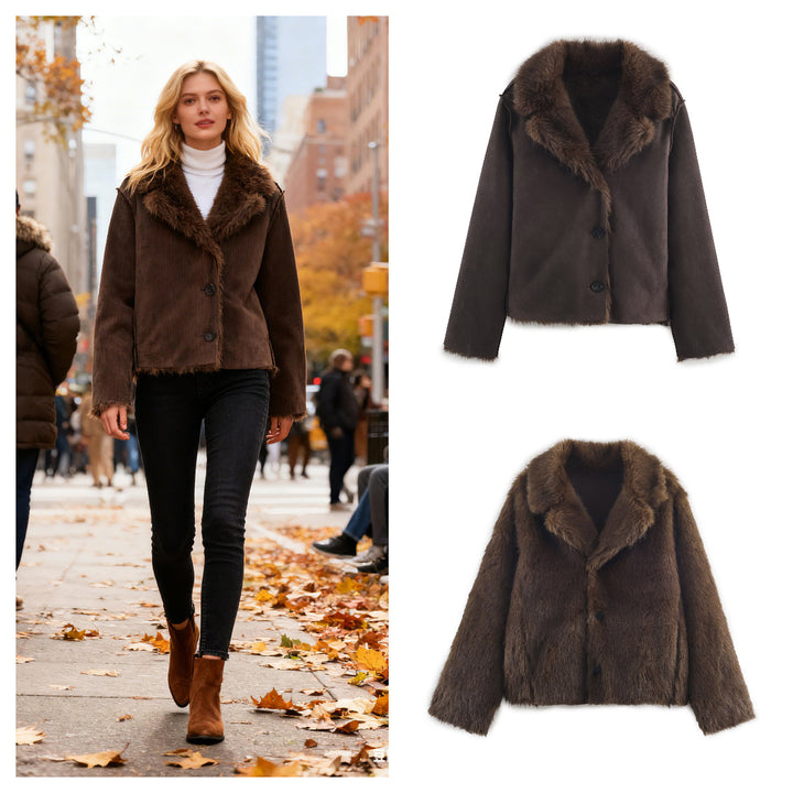 Women's Reversible Short Jacket with Faux Fur Trim and Suede Look Mune Fashion