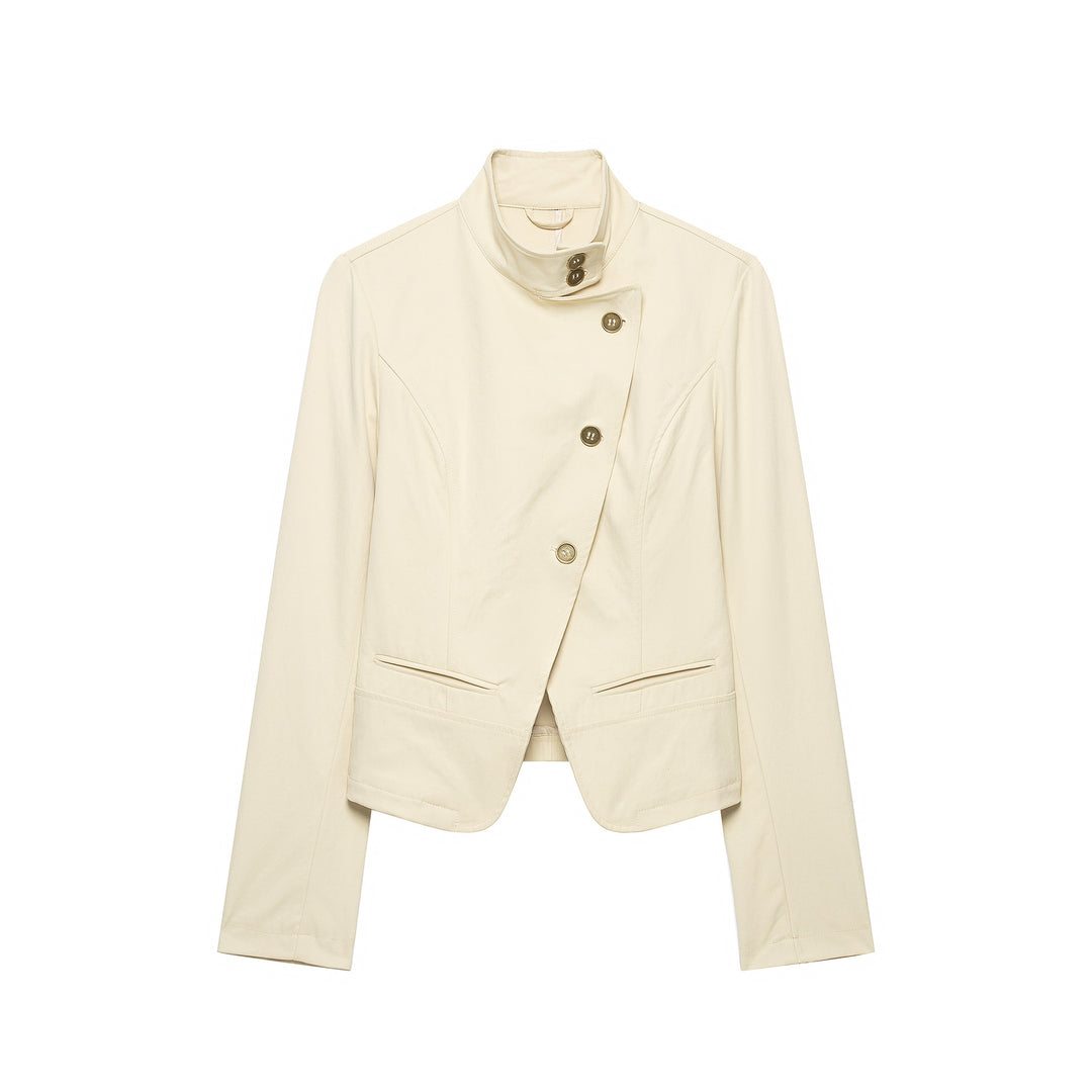 Women's short blazer with asymmetrical button placket and high standing collar Mune Fashion