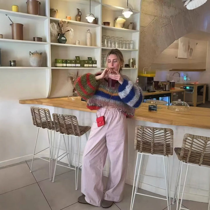 Women's Oversize Knit Sweater made of Mohair Mix with Voluminous Balloon Sleeves and Block Stripes Mune Fashion