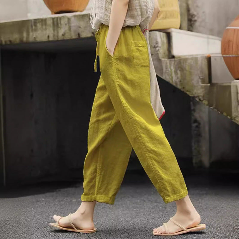 Women's casual linen pants with elastic waistband and side pockets Mune Fashion