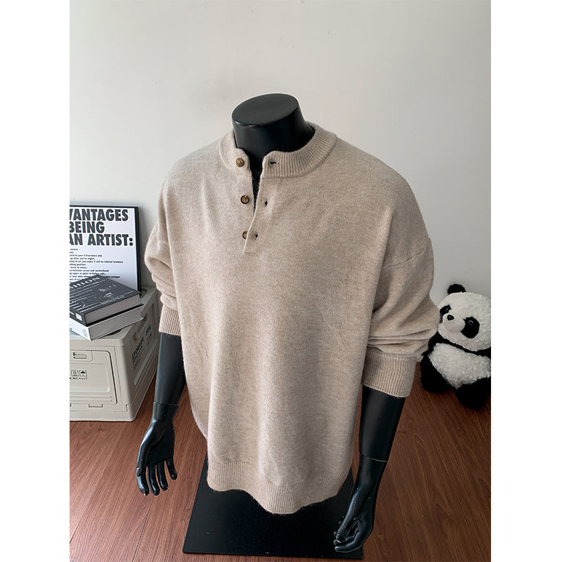 Men's Oversized Knit Sweater with Henley Collar and Half Button Placket Mune Fashion