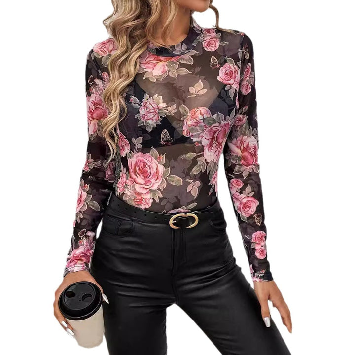 Women's non-transparent form-fitting long sleeve shirt with floral rose print and stand-up collar Mune Fashion