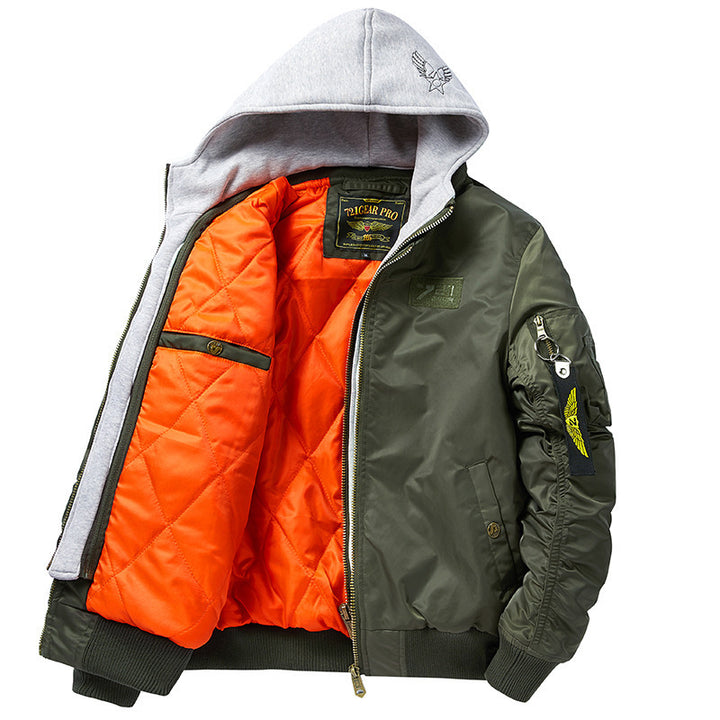 Men's aviation-inspired bomber jacket with integrated hood insert, arm pocket, and padded lining Mune Fashion