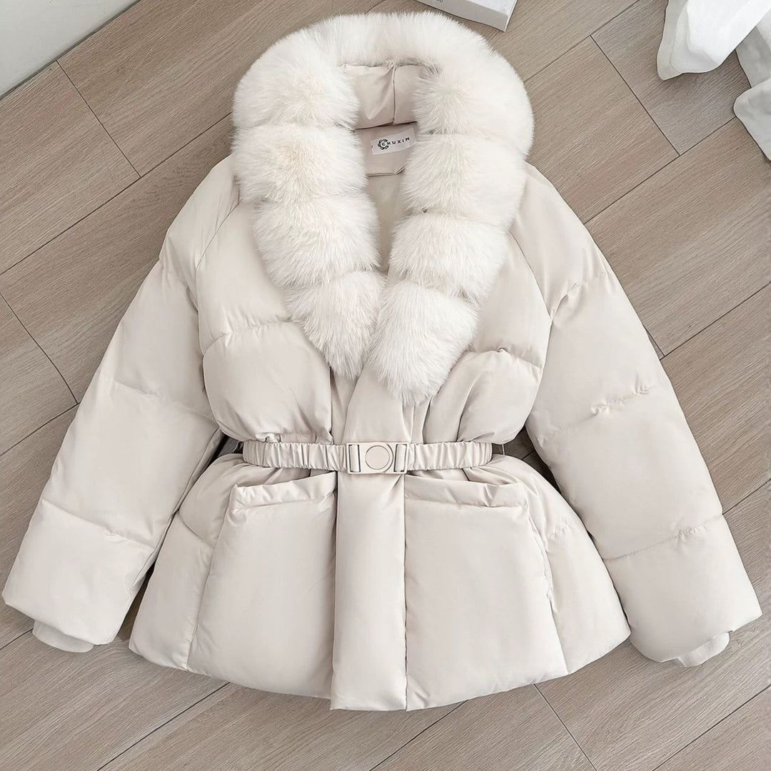 Women Tailored Short Quilted Jacket with voluminous Shawl Collar made of Faux Fur and Decorative Belt Mune Fashion