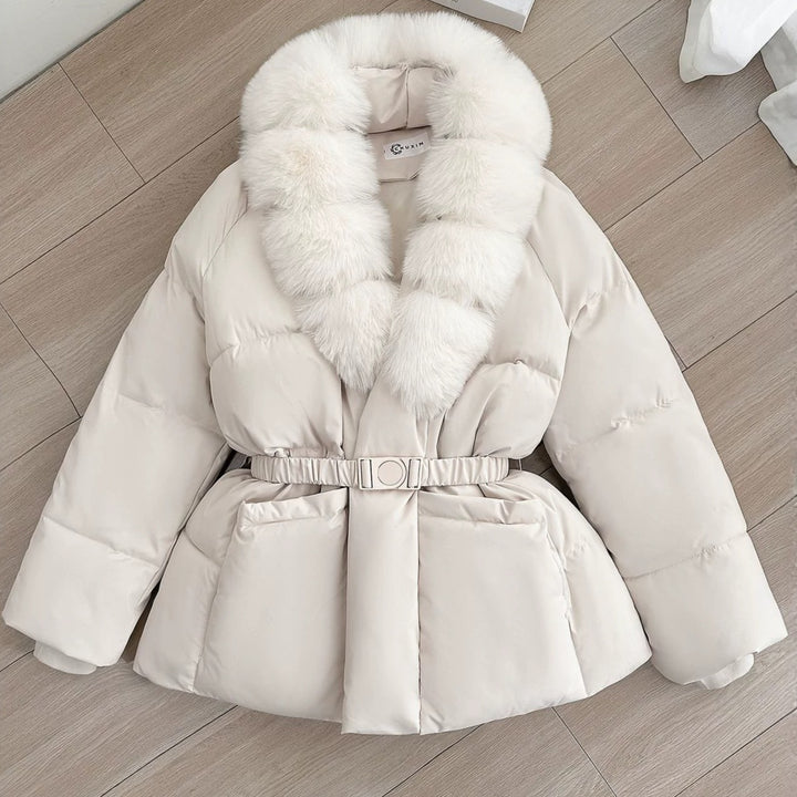 Women Tailored Short Quilted Jacket with voluminous Shawl Collar made of Faux Fur and Decorative Belt Mune Fashion
