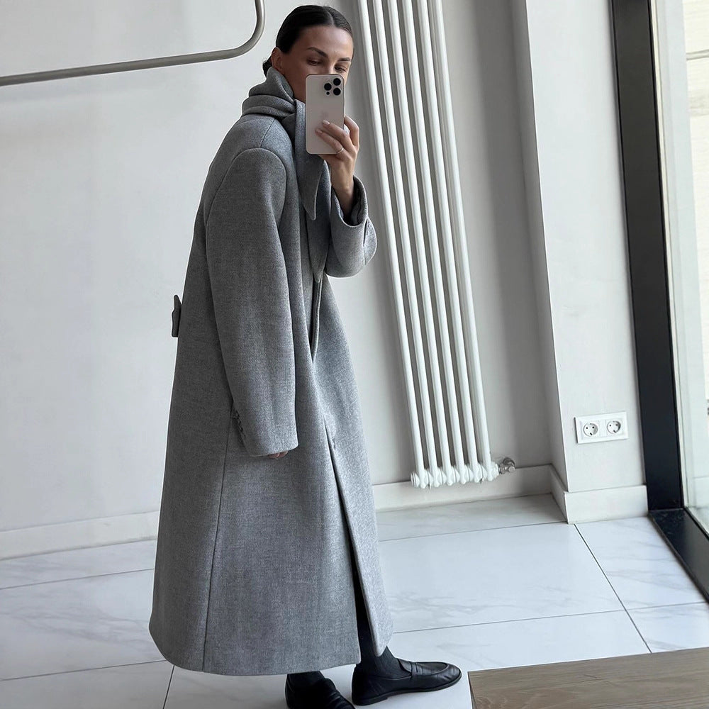 Women's Mid-length Wool Blend Coat with Integrated Loop Scarf Mune Fashion