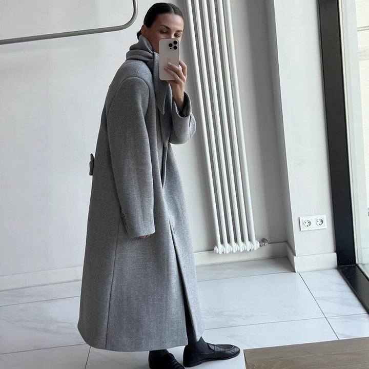 Women's Mid-length Wool Blend Coat with Integrated Loop Scarf Mune Fashion