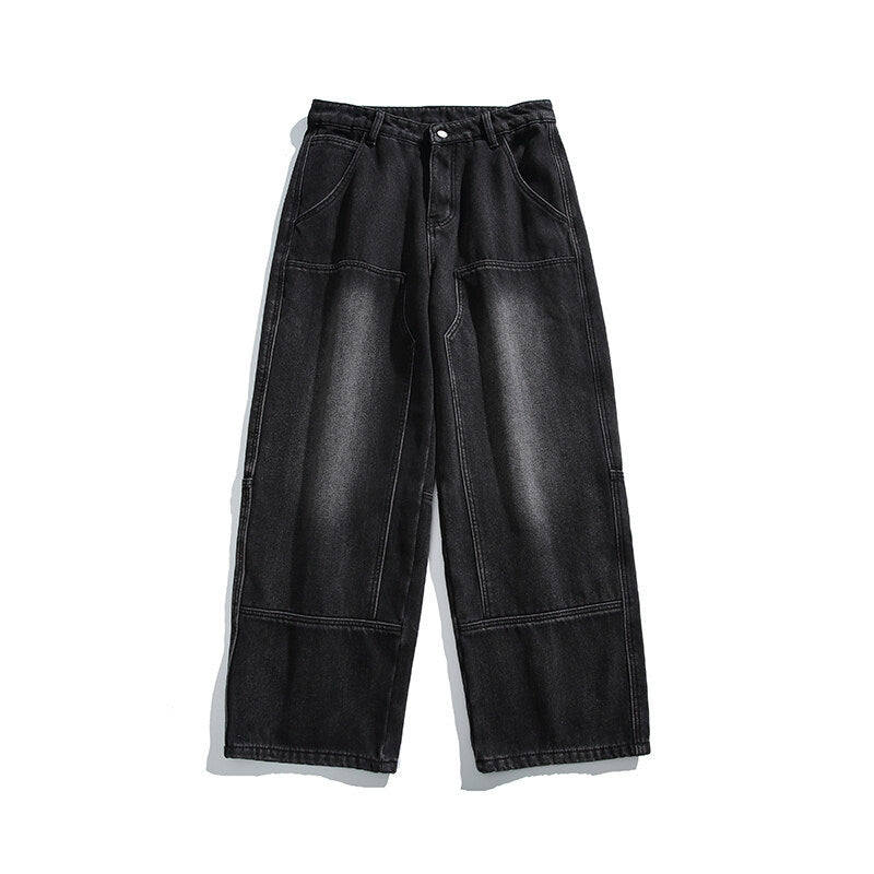 Men's Wide Vintage Denim Cargo Pants with Distinctive Seam Details and Patch Pockets Mune Fashion