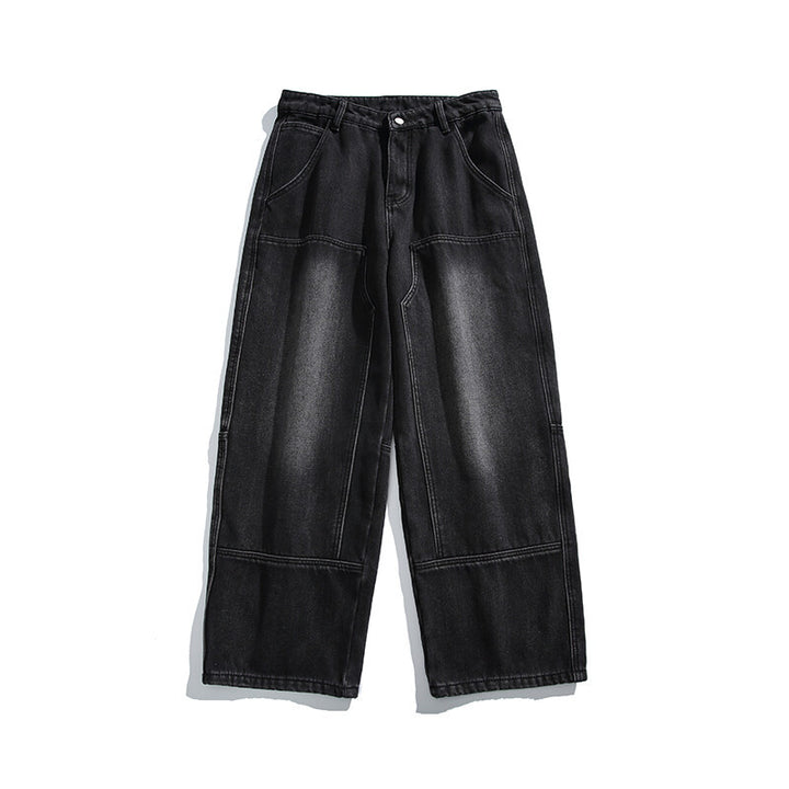 Men's Wide Vintage Denim Cargo Pants with Distinctive Seam Details and Patch Pockets Mune Fashion