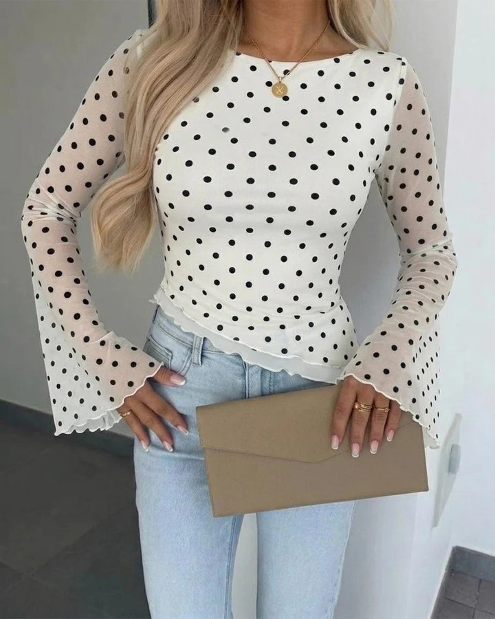 Women's Transparent Mesh Polka Dot Blouse with Tailored Fit and Bell Sleeves Drune