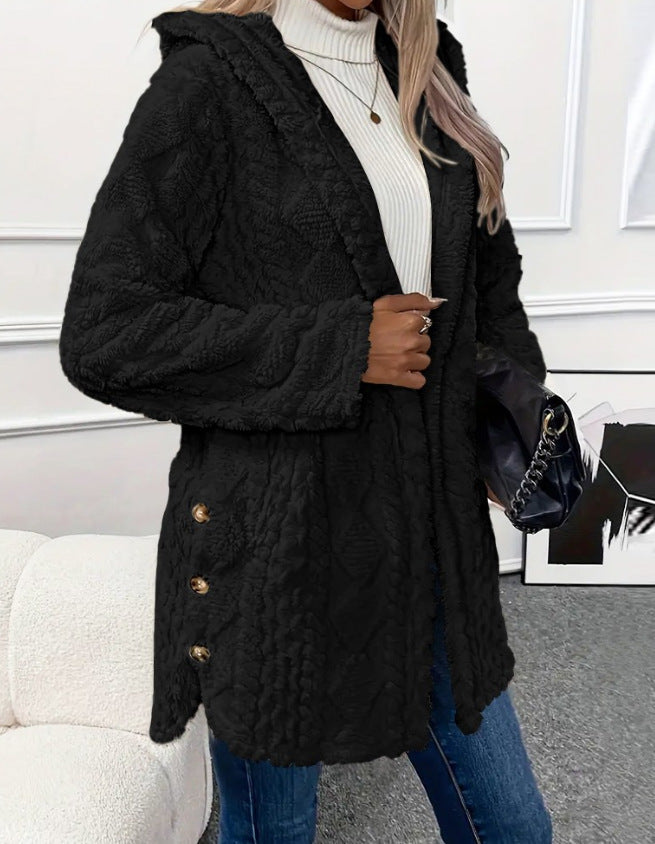 Women's hooded teddy coat with cable pattern, decorative buttons and warm fleece lining Mune Fashion