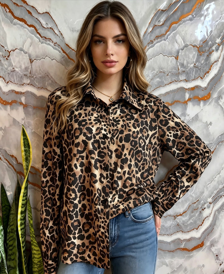 Women's Satin Leopard-Print Button-Up Blouse Mune Fashion