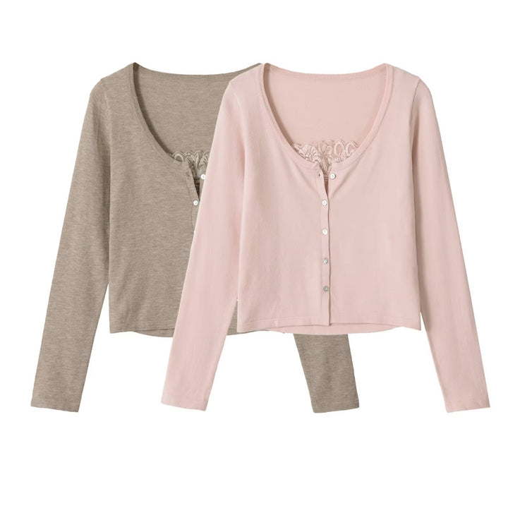 Women's short cardigan made of fine knit with V-neck, button placket, and lace insert Mune Fashion