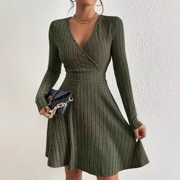 Women's knitted dress with wrap V-neck, tailored waist and flared A-line skirt Mune Fashion