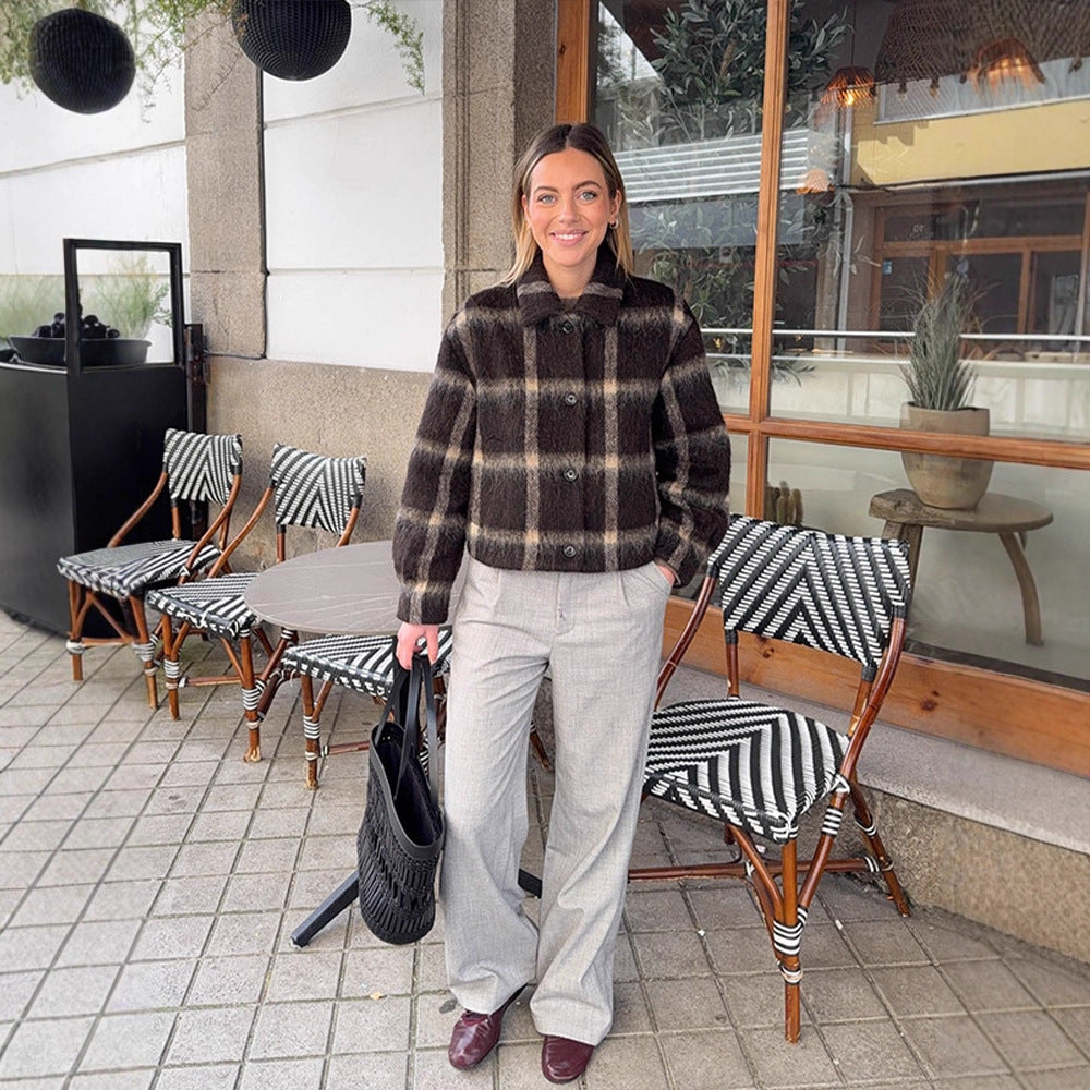 Women's short jacket in checked faux fur boxy cut with shawl collar Mune Fashion