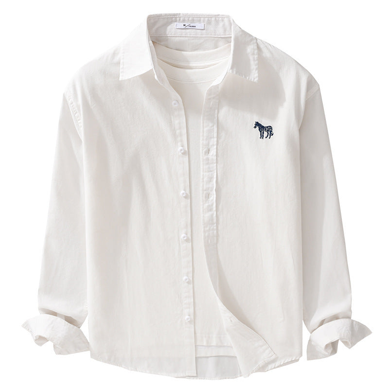 Men's Cotton Oxford Shirt Jacket in Layering Style with Subtle Zebra Embroidery and Kent Collar Mune Fashion