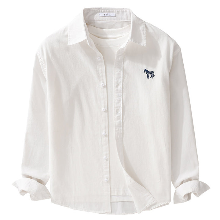 Men's Cotton Oxford Shirt Jacket in Layering Style with Subtle Zebra Embroidery and Kent Collar Mune Fashion