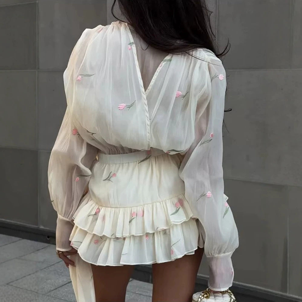 Ladies Two-Piece Chiffon Set with Embroidered Sheer Blouse and Ruffled Mini Skirt Mune Fashion